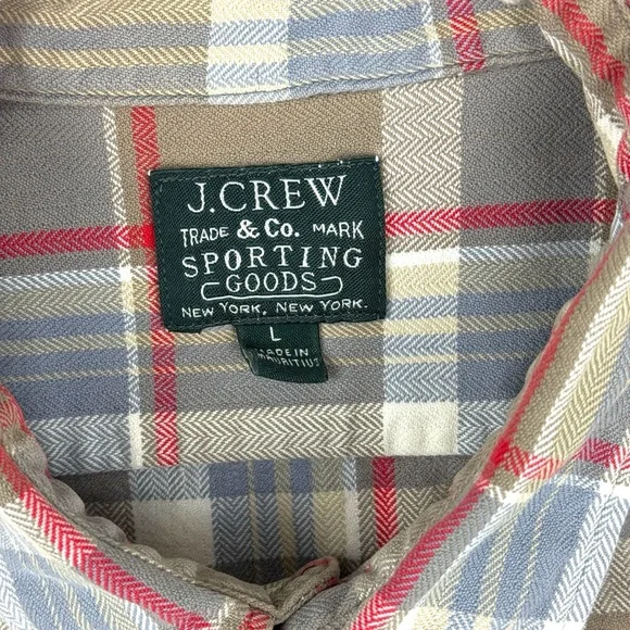 J. Crew Plaid Shirt Men's Large Tan Gray Red Flannel Button-up 100% Cotton Soft - Picture 5 of 13